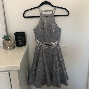 Dillard’s Lace Sequin Halter Neck Cut Out Dress